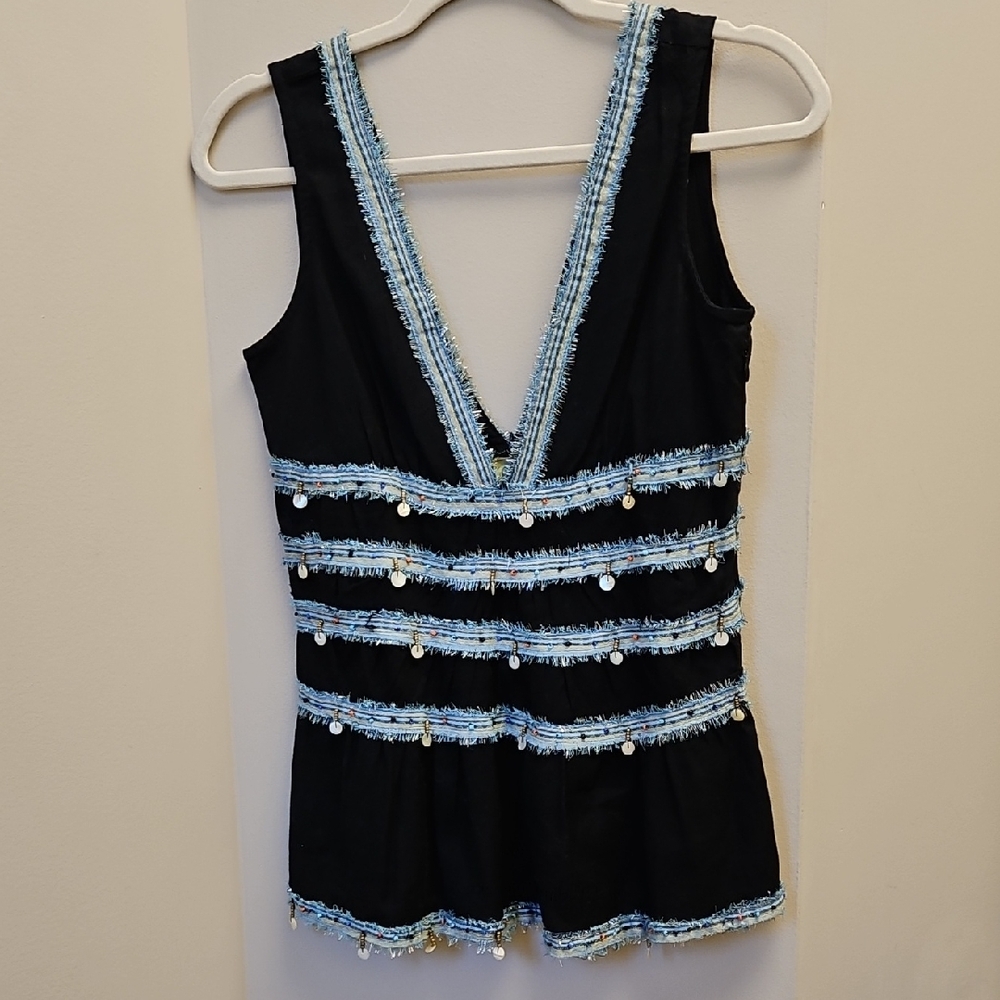 Free People Black and Blue Embellished Blouse